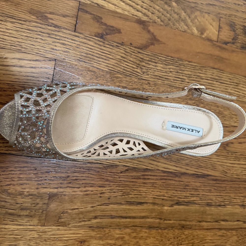 Metallic Gold Slingback Sandals with approx 2” heel.